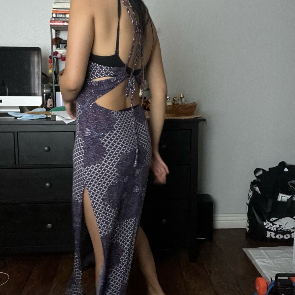 Purple paisley print tight maxi dress